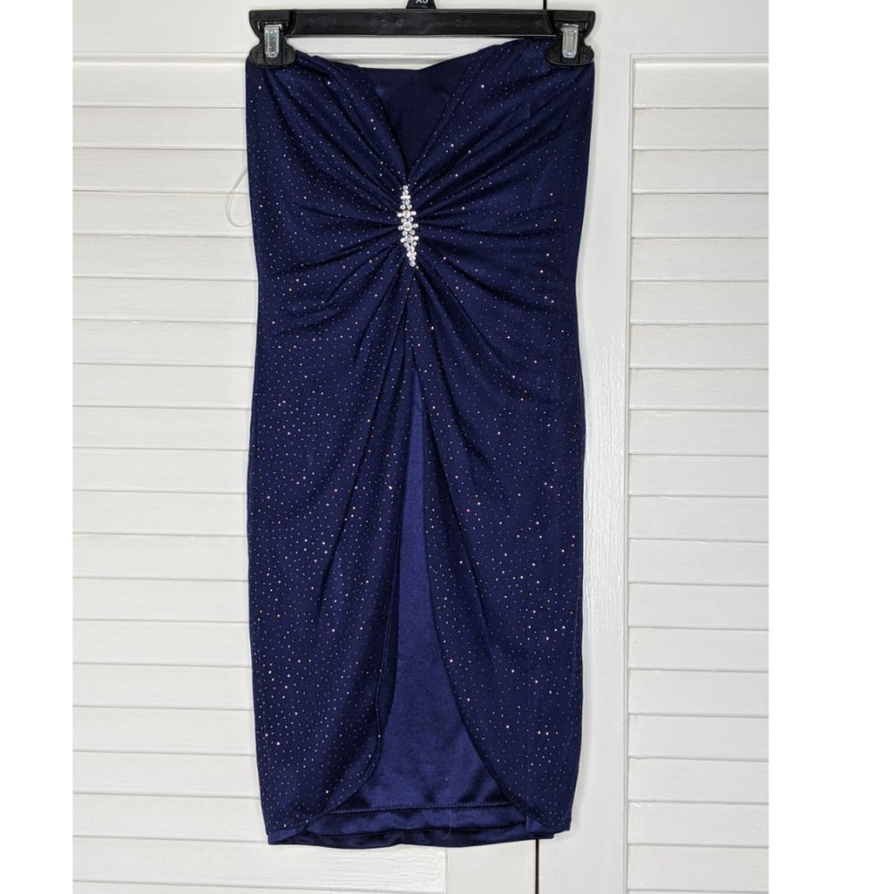 Sexy Blue Rhinestone Strapless Dress Size 3/4